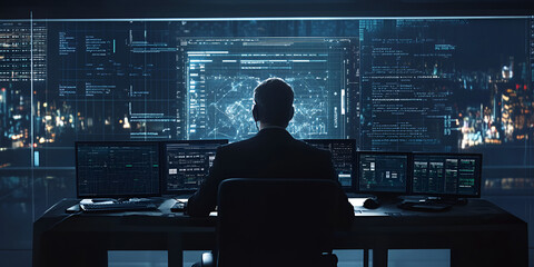 Cybersecurity Specialist: A lone figure, silhouetted against a backdrop of glowing monitors, diligently guards against cyber threats in a high-tech environment.