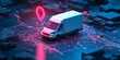 © Joesunt - Delivery Van on Digital Network: A delivery van navigating a futuristic, digital network, illuminated by a neon pink pin, representing the concept of efficient delivery and tracking in a modern.