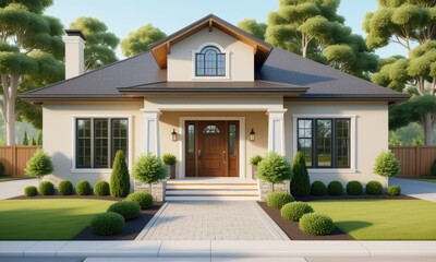 Wall Mural - Charming modern cottage house with lush green landscaping and a cozy front porch in a serene neighborhood