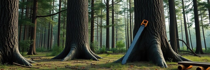 Wall Mural - personless forest scene with a large tree trunk and a hacksaw leaning against it, outdoor setting, a