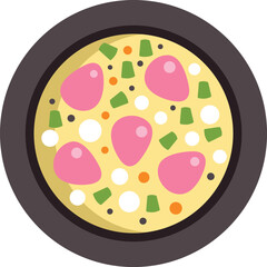 Canvas Print - Omelette with ham and vegetables being cooked in a pan, simple cartoon illustration of delicious breakfast food