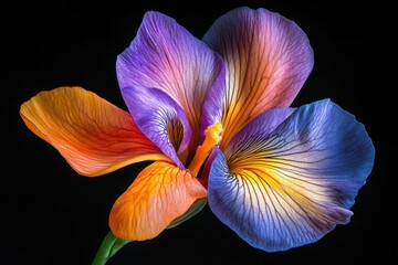 Wall Mural - a vibrant flower with intricate petals in shades of orange, purple, and yellow against a dark backgr