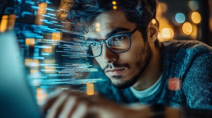 Night Coder: Focused young man working late on laptop, immersed in digital data streams.  A captivating image of dedication and technological prowess.