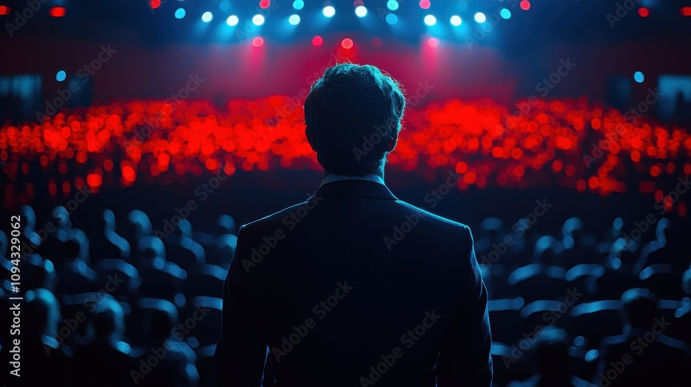 Audience captivated by speaker at a conference with vibrant blue and red lighting in a large auditorium