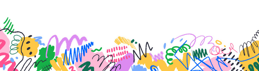 Leinwandbilder - Scribbles, decorative border design. Horizontal decoration in doodle kids style. Abstract shapes, elements, creative line drawings, squiggles. Flat vector illustration isolated on white background