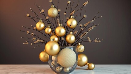 A collection of golden Christmas ornaments and twigs arranged in a decorative vase, winter vases, autumnal colors, festive decor