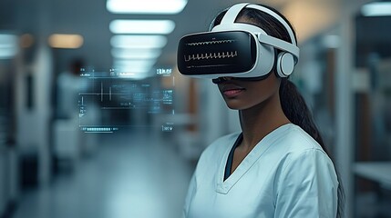 Wall Mural - Healthcare worker using virtual reality VR headset for remote surgery simulation with digital medical data floating around clean minimalist background