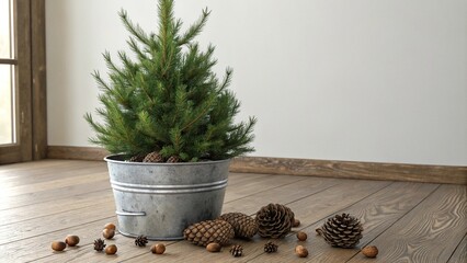 Potted fir Christmas tree in a metal planter on a wooden floor with pinecones and acorns, acorns, natural elements