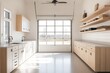 © Babycrab - A modern kitchen with wooden cabinets and a large garage door, showcasing natural light.