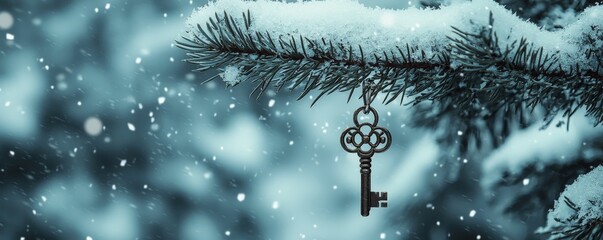 Wall Mural - a vintage key hanging from a snow covered tree branch