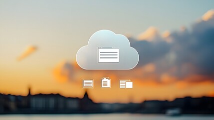 Cloud storage interface overlay with transparent icons for documents, sharing, and synchronization over a cityscape.