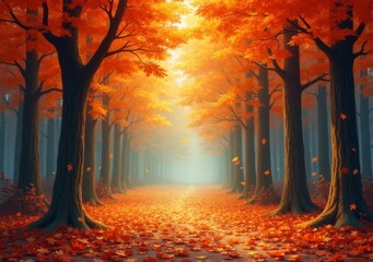 Wall Mural - Vibrant autumn forest with orange leaves and a tranquil path leading i