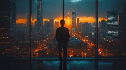 Poster - Silhouetted Businessman Gazing at City Skyline Through Window Symbolizing Business