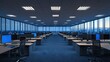© Nathan - Modern, empty office space featuring rows of desks and computers, illuminated by bright overhead lights.