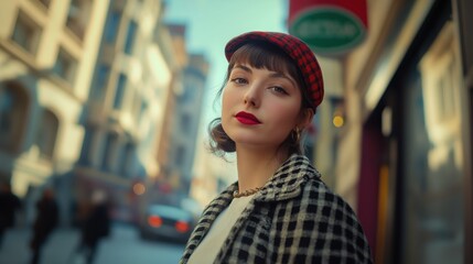 Stylish caucasian woman in vintage red plaid hat on urban street