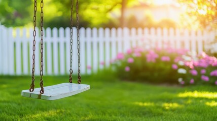 A serene garden scene featuring a swing, lush green grass, and vibrant flowers, illuminated by warm sunlight behind a white picket fence.