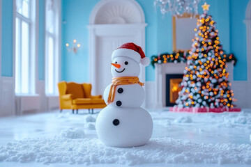 Cheerful Snowman in a Festive Blue Room. A jolly snowman with a red hat and scarf, set in a grand room with a decorated tree and fireplace.
