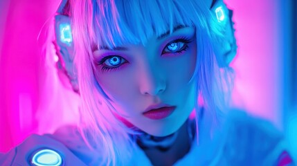 Anime style Girl face Cyborg cosplay in cyberpunk Synthwave technology background wallpaper AI generated image