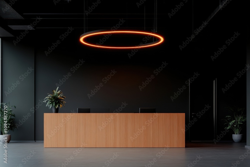 Modern office interior design with reception desk and circular lighting ...