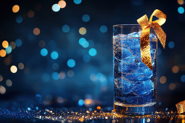 Wall Mural - Glass with drink and ice, gold ribbon, confetti and dark blue background with glitter. New Year celebration concept.