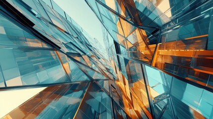 Wall Mural - abstract geometric composition of transparent glass structures in blue and orange hues.