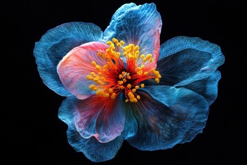 Wall Mural - a vibrant, multi-colored flower with intricate details against a black background.
