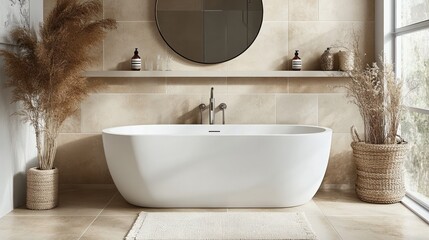 Poster - A modern bathroom featuring a freestanding tub, natural decor, and earthy tones.