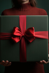 closeup woman carrying a huge christmas green gift box wrapped in a red ribbon, a happy woman holding a big square dark green cardboard box with a red bow on it, solid studio background