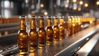 A line of amber beer bottles on a conveyor belt in a brewery, showcasing the brewing process in a vibrant and industrial setting.