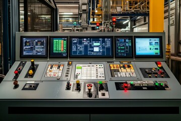 Industrial control panel with monitors and buttons.