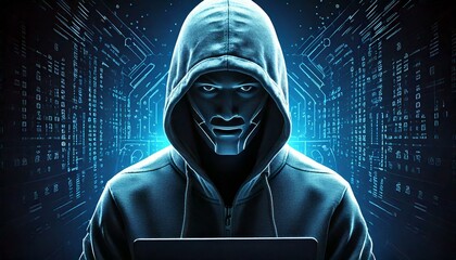 Portrait of a hacker background on blue digital background