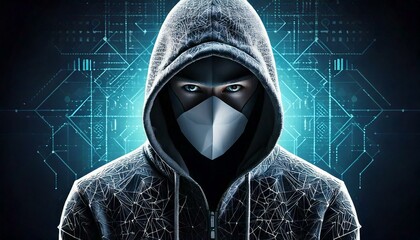 Portrait of a hacker background on blue digital background
