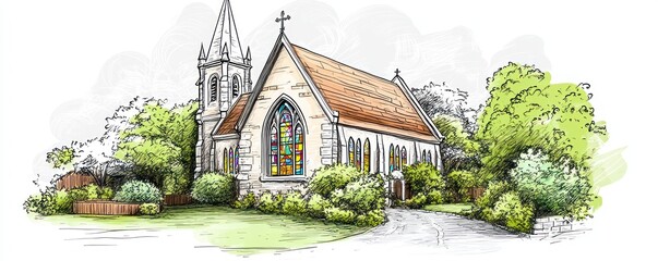 Poster - A charming church with stained glass windows surrounded by greenery and a pathway.