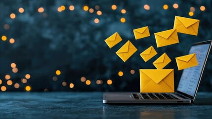 Laptop Screen Displaying Envelope Icons Floating Above It With Blurry Lights Background