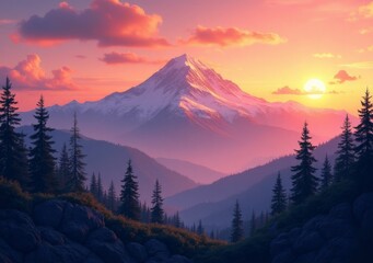 Wall Mural - Majestic mountain landscape at sunset with vibrant colors and surrounding pine trees