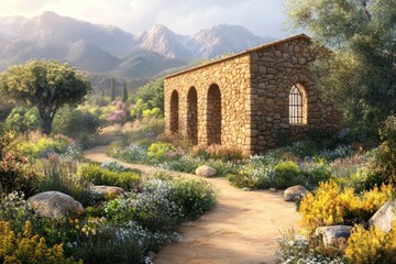 Wall Mural - A serene landscape featuring a stone building surrounded by vibrant flowers and mountains.