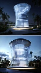 Poster - A modern architectural structure with a flowing design, illuminated at night, surrounded by palm trees.