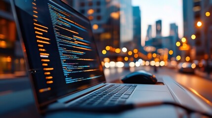 Wall Mural - close-up of a laptop with programming code displayed on screen against a blurred cityscape with boke