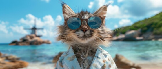 Canvas Print - A cat wearing sunglasses and a shirt on the beach. AI.