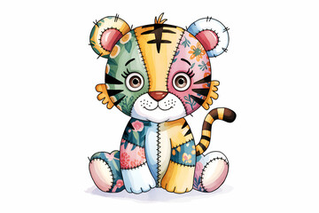 Wall Mural - Cute watercolor baby tiger patchwork illustration