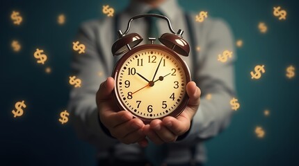 Fototapete - Time is Money: A Businessman Holding a Glowing Clock Surrounded by Dollar Signs, Illustrating the Importance of Time Management and Productivity in Project Planning