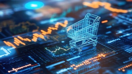 Abstract Digital Representation of a Shopping Cart on a High-Tech Background with Data Metrics, Graphs, and Financial Indicators for E-Commerce Concepts