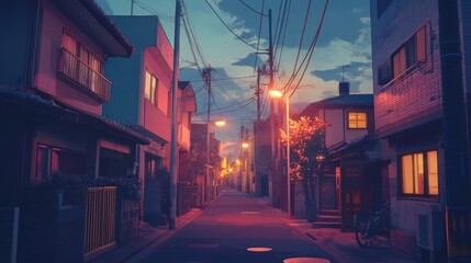 Naklejka na meble Serene evening in a quiet urban street, illuminated by warm streetlights against a twilight sky.