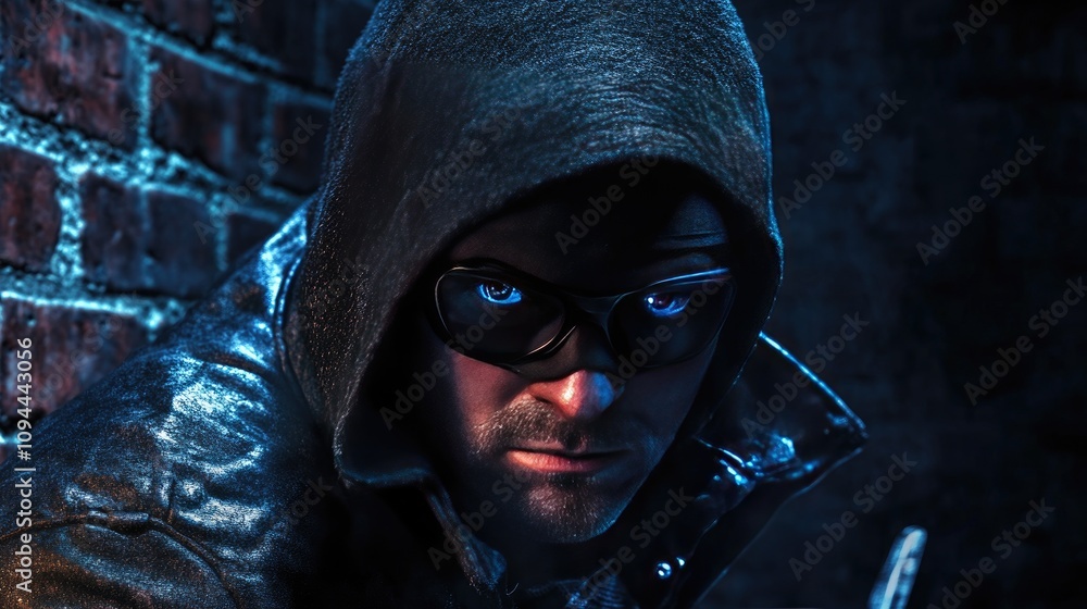Mysterious male figure with striking blue eyes, wearing a hooded jacket ...