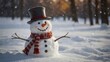 © Mikhail - Snowman in a hat and scarf on a background of winter forest