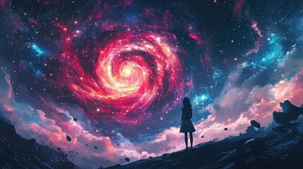 Wall Mural - A young woman gazes at a vibrant galaxy, enveloped in ethereal colors and cosmic beauty.