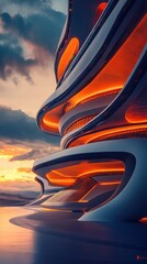 Poster - Futuristic architectural design with flowing shapes and vibrant orange lighting at sunset.