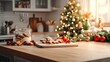 © Pannee - Cozy Kitchen Scene with Festive Decor, Freshly Baked Cookies, and Christmas Tree Illuminated by Soft Light, Evoking Warm Holiday Spirit and Cheerful Gatherings