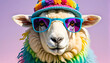 © Ai .stocker - Smiling sheep with sunglasses and hat, enjoying summer fun white background.