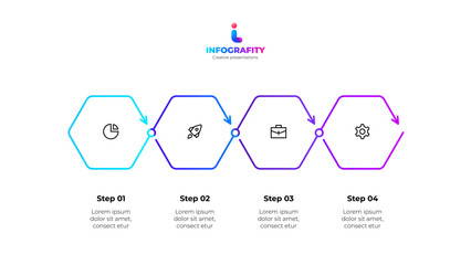 Leinwandbilder - Vector outline hexagons with 4 steps or options. Concept of horizontal timeline business development process.